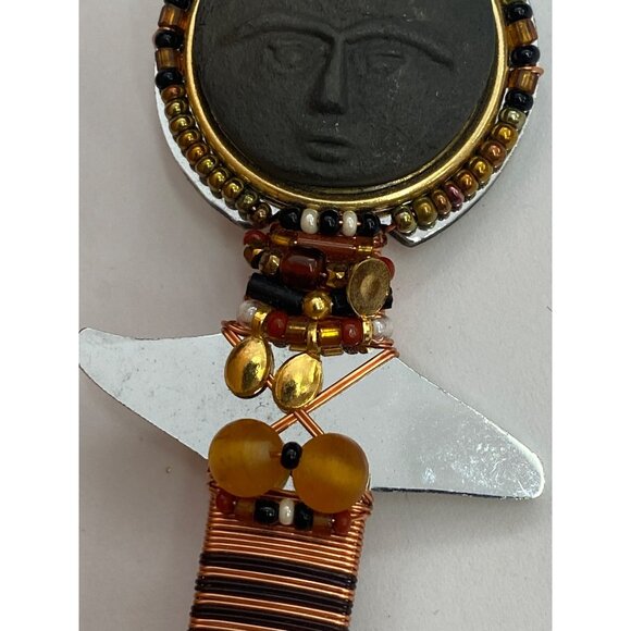 Vintage Rare Liztech 1998 Signed Akuaba Inspired Copper & Black Beaded Brooch Wi - Picture 3 of 9